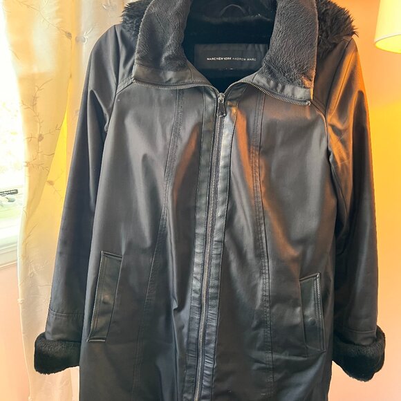 MARC New York Winter Black Fabric/Leather/Fur Trimmed Coat - Picture 1 of 6